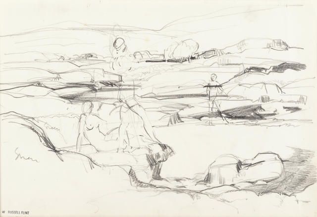 Two preparatory sketches, figures in a landscape and a landscape