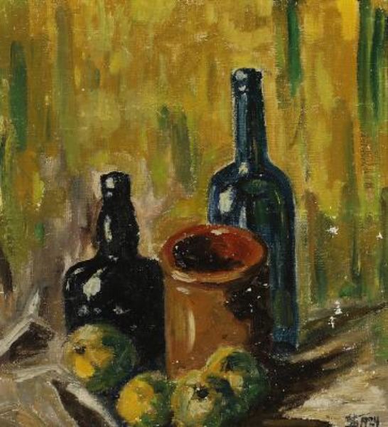 Still life with bottles, jar and fruit