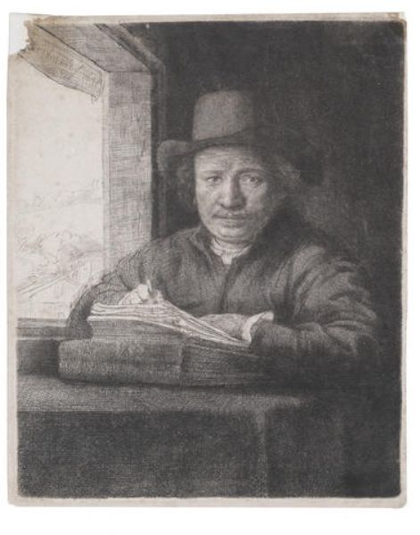 Self-Portrait Etching at a Window