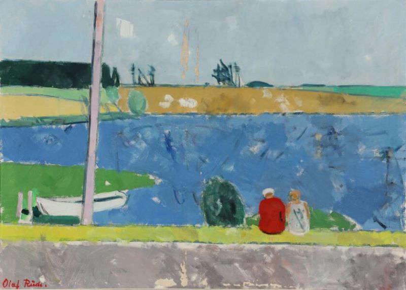Figures next to a lake