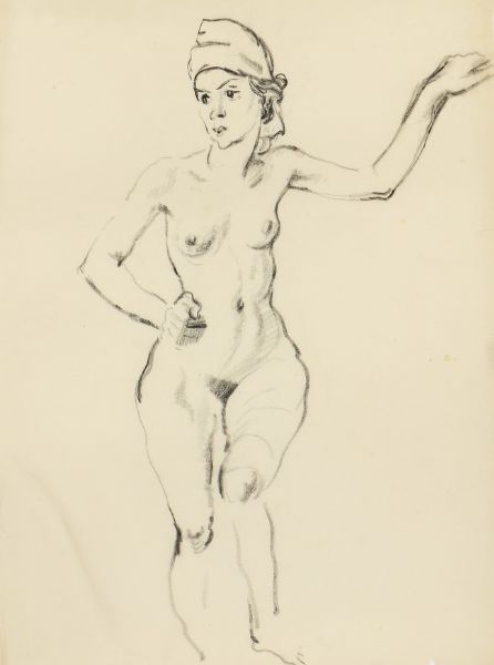 A standing nude wearing a headscarf