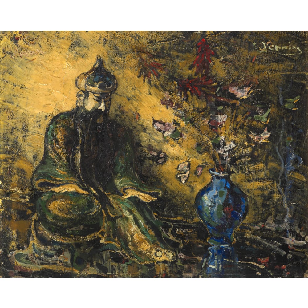 Still Life with Oriental Figure and Vase with Flowers